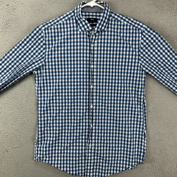 Boss Hugo Boss Shirt Button Up Mens Large Blue White Check Slim Fit Long Sleeve